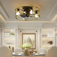 Green Caged Flush Mount Ceiling Fan with Lights and Remote for Modern Farmhouse Living Room Bedroom Kitchen