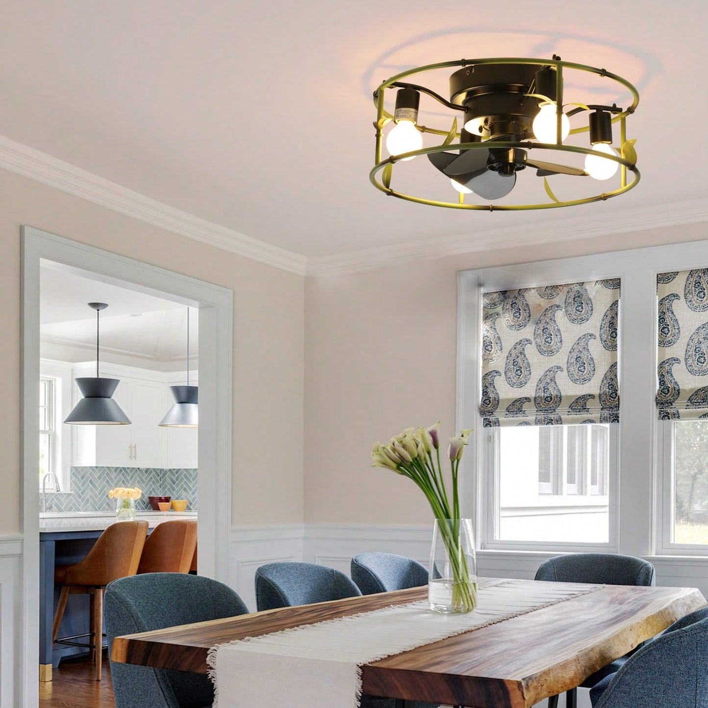 Green Caged Flush Mount Ceiling Fan with Lights and Remote for Modern Farmhouse Living Room Bedroom Kitchen