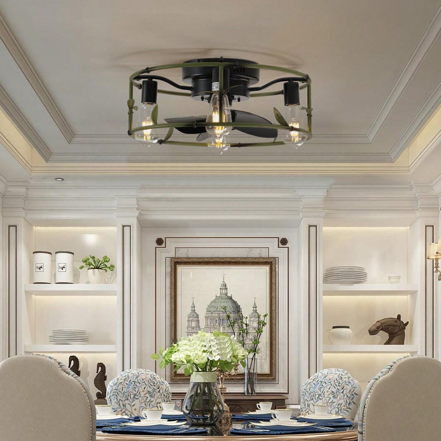 Green Caged Flush Mount Ceiling Fan with Lights and Remote for Modern Farmhouse Living Room Bedroom Kitchen