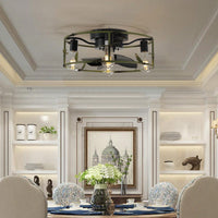 Green Caged Flush Mount Ceiling Fan with Lights and Remote for Modern Farmhouse Living Room Bedroom Kitchen