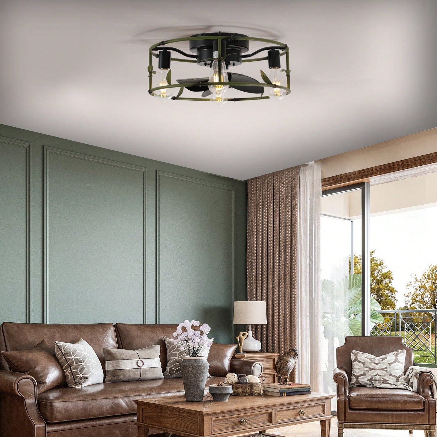 Green Caged Flush Mount Ceiling Fan with Lights and Remote for Modern Farmhouse Living Room Bedroom Kitchen