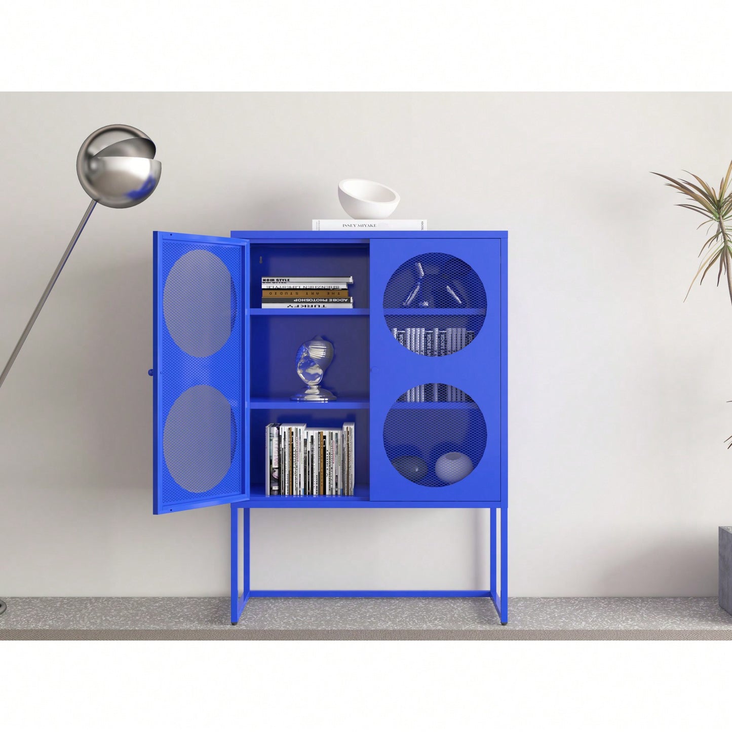 Stylish Blue Storage Cabinet with Doors Modern Buffet Sideboard for Bedroom Kitchen Home Office Adjustable Shelves Metal Design