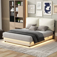 Queen Size Upholstered Platform Bed with Motion Sensor Light and Ergonomic Backrests for Ultimate Comfort