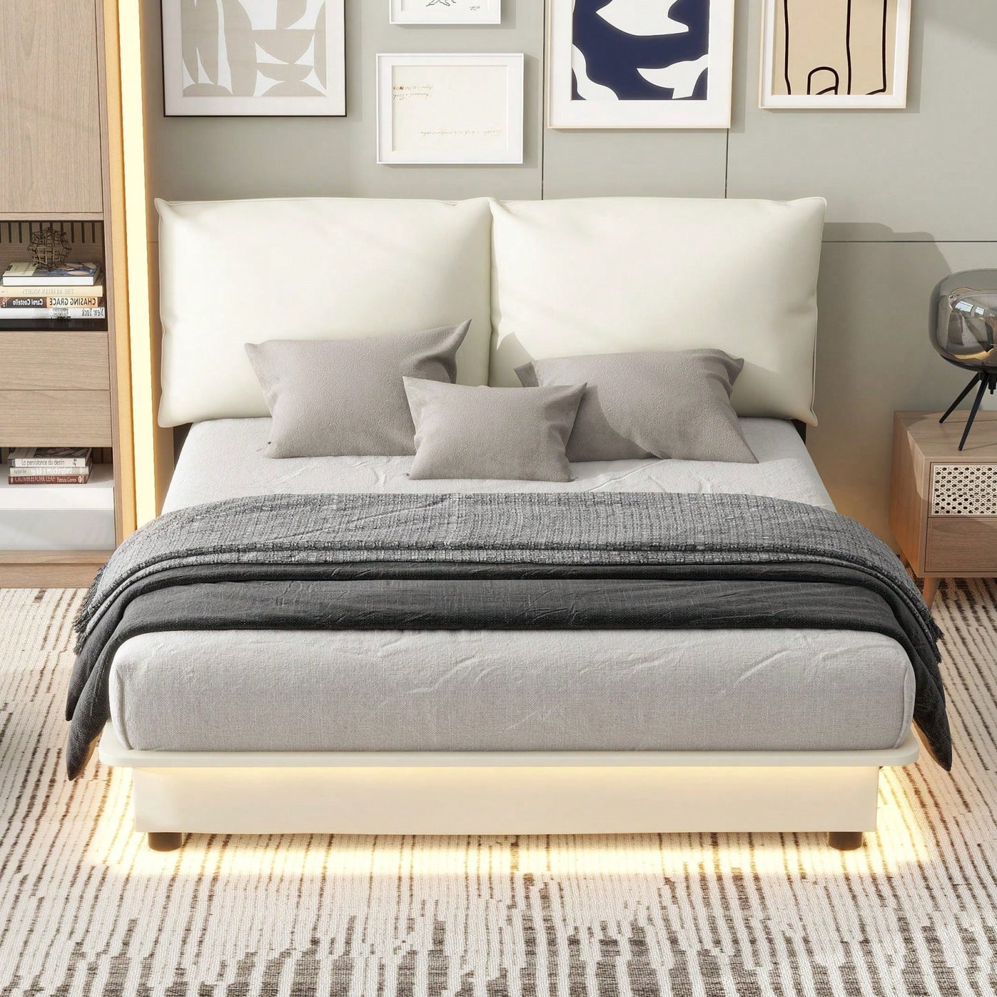 Queen Size Upholstered Platform Bed with Motion Sensor Light and Ergonomic Backrests for Ultimate Comfort