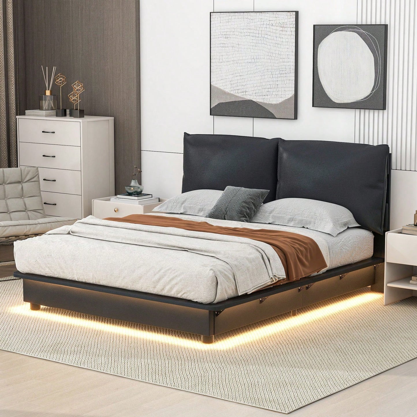 Queen Size Upholstered Platform Bed with Motion Sensor Light and Ergonomic Backrests for Ultimate Comfort