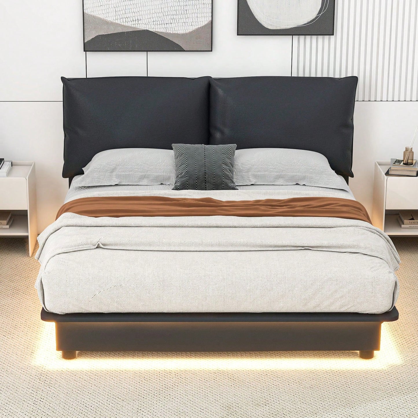 Queen Size Upholstered Platform Bed with Motion Sensor Light and Ergonomic Backrests for Ultimate Comfort