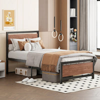 Industrial Twin Size Platform Bed Frame with Headboard Footboard and Storage Black and White Rustic Design