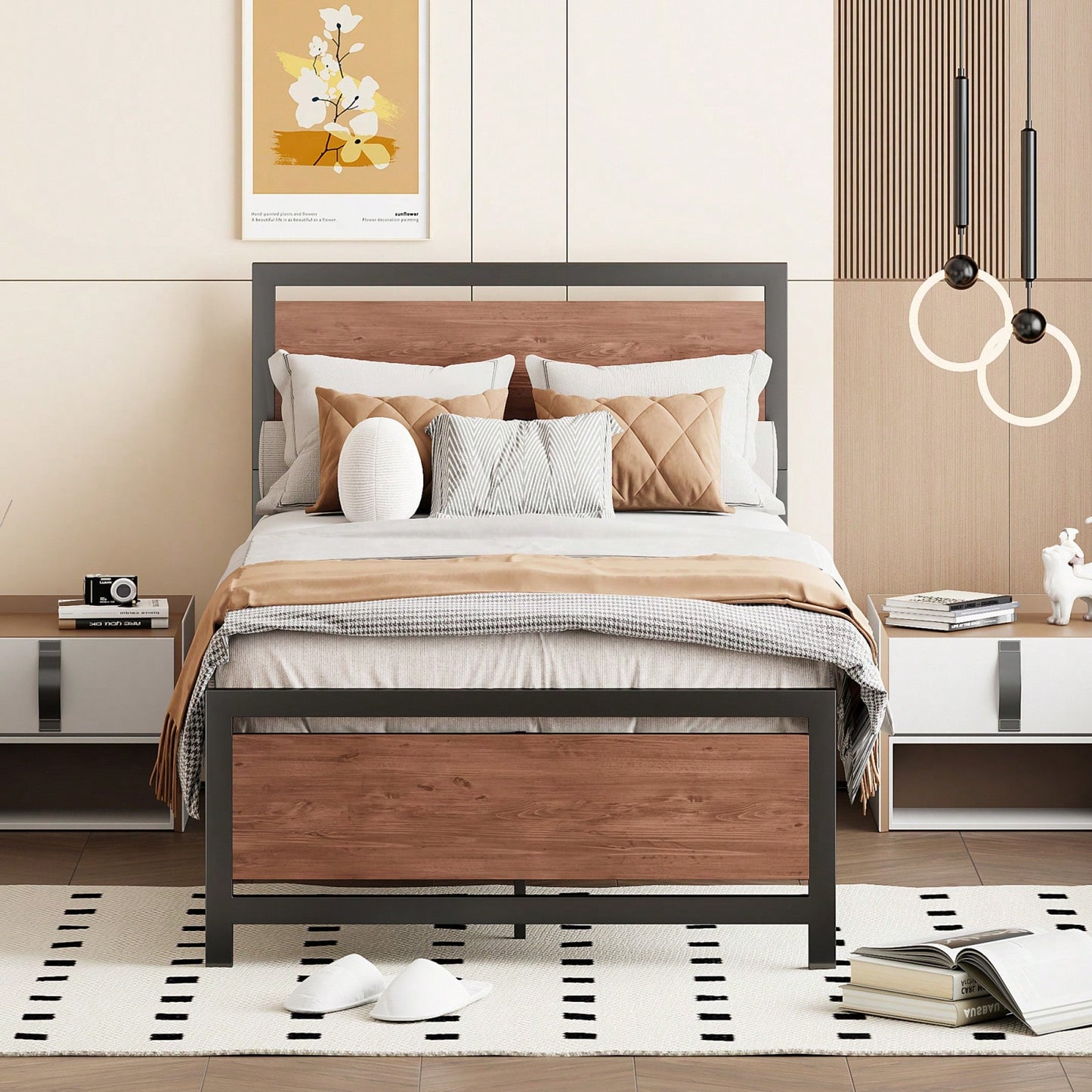 Industrial Twin Size Platform Bed Frame with Headboard Footboard and Storage Black and White Rustic Design