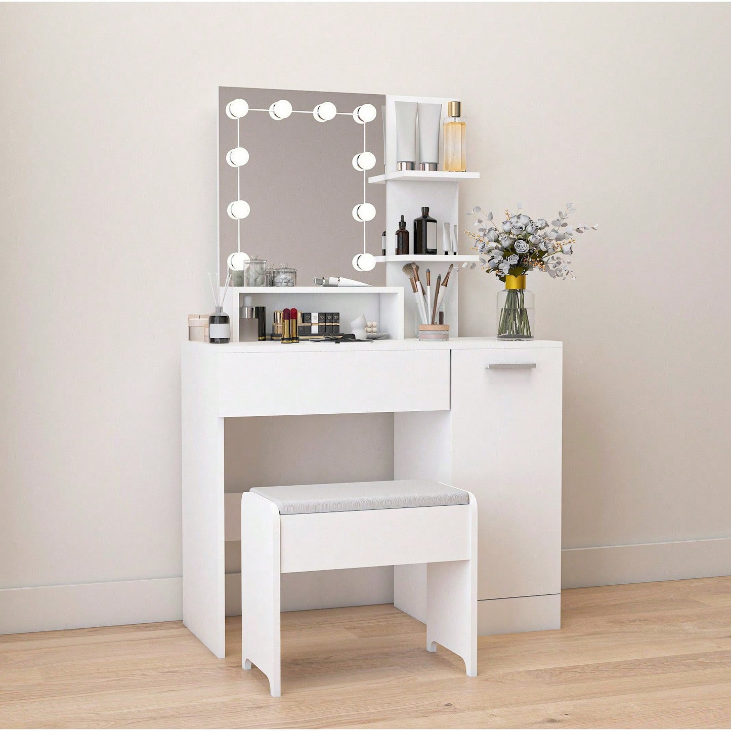 Modern Makeup Vanity Set with Storage Drawer and Cushioned Stool 10 Light Modes Easy Assembly Durable MDF for Bedroom and Makeup Room