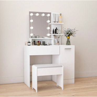 Modern Makeup Vanity Set with Storage Drawer and Cushioned Stool 10 Light Modes Easy Assembly Durable MDF for Bedroom and Makeup Room