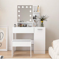 Modern Makeup Vanity Set with Storage Drawer and Cushioned Stool 10 Light Modes Easy Assembly Durable MDF for Bedroom and Makeup Room