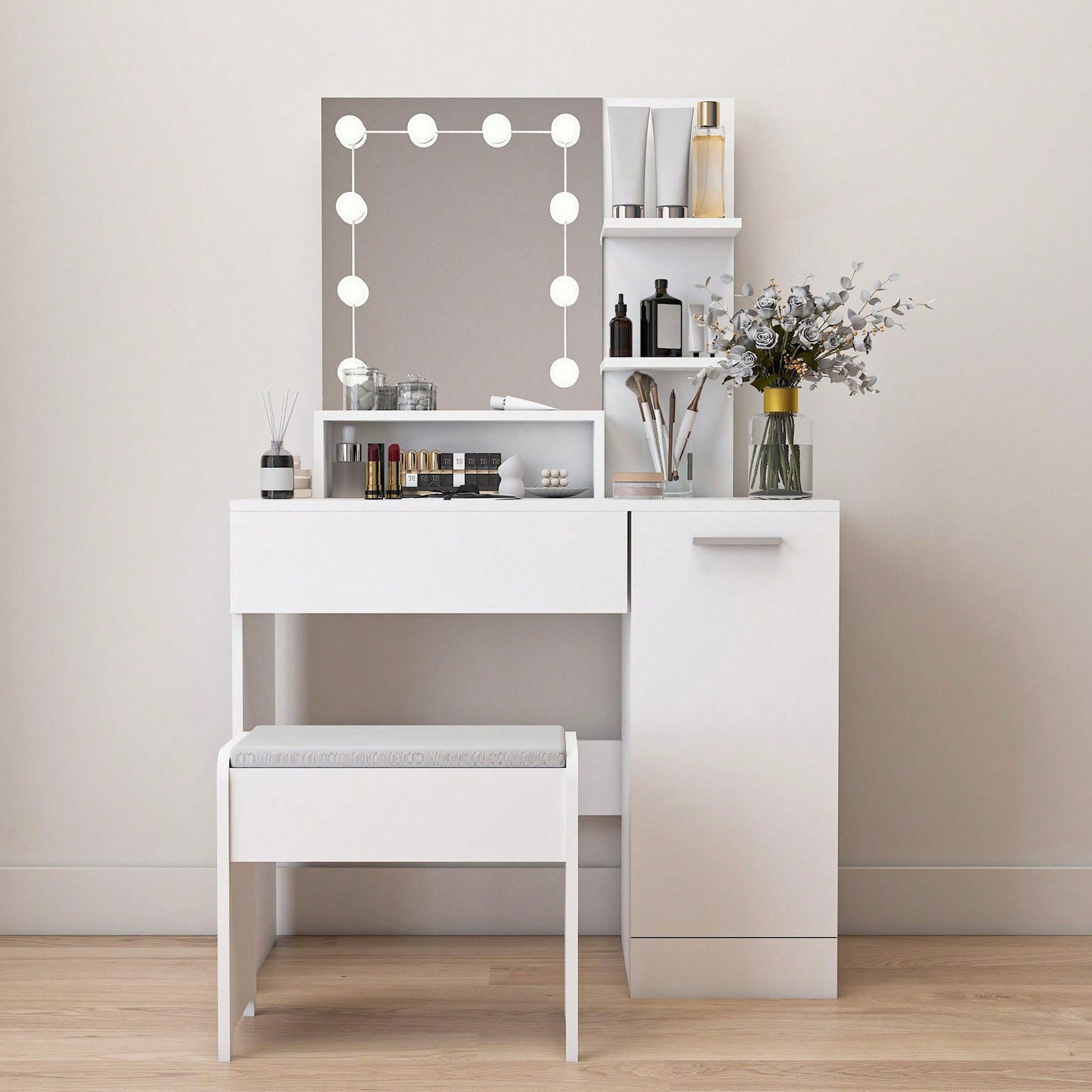 Modern Makeup Vanity Set with Storage Drawer and Cushioned Stool 10 Light Modes Easy Assembly Durable MDF for Bedroom and Makeup Room