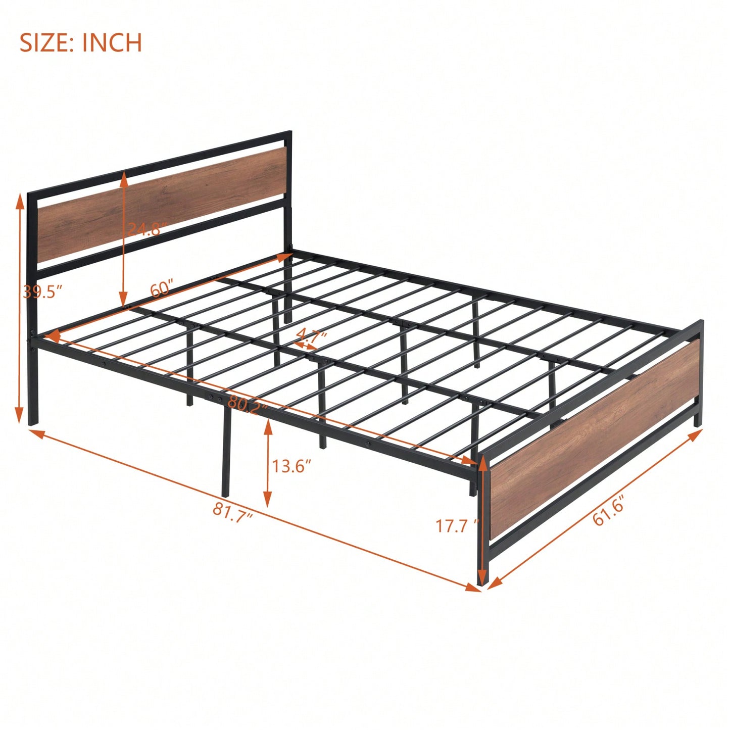 Industrial Queen Size Platform Bed Frame with Headboard Footboard Storage Sturdy Metal Wood Design Easy Assembly 350lbs Capacity