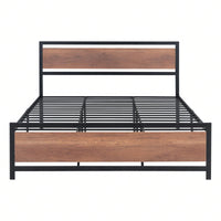 Industrial Queen Size Platform Bed Frame with Headboard Footboard Storage Sturdy Metal Wood Design Easy Assembly 350lbs Capacity