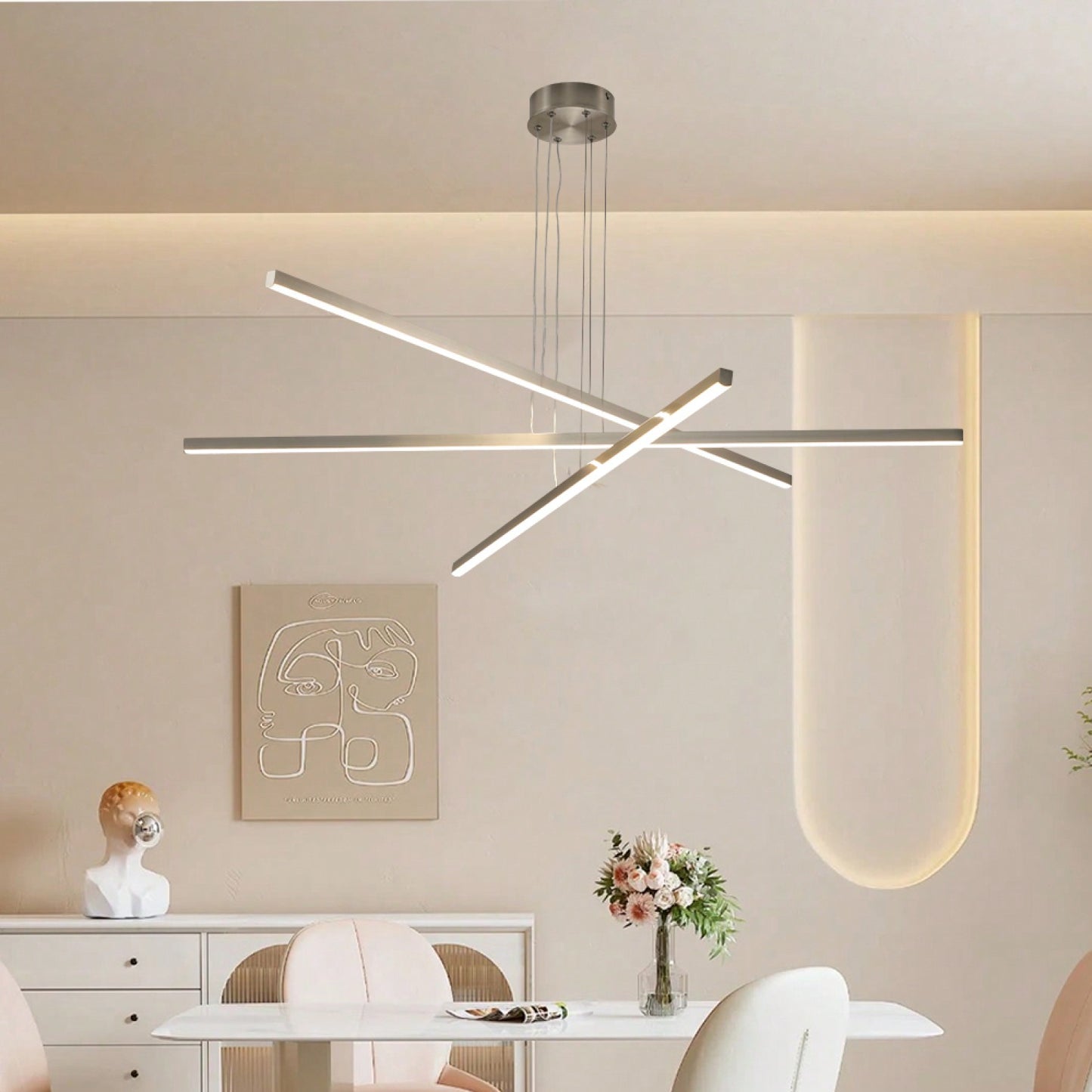 Pendant Lighting Fixture In Silver Integrated LED Geometric Design Adjustable Dimmable Modern Light