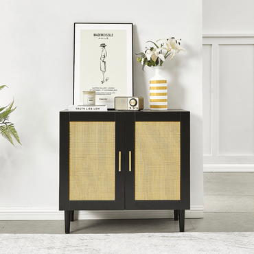 Modern Rattan Sideboard Cabinet with Adjustable Shelves for Living Room and Bedroom Easy Assembly Noiseless Door Closure