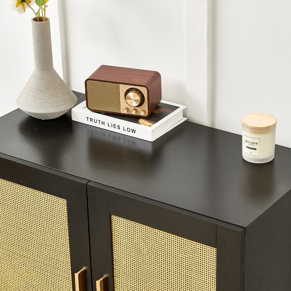 Modern Rattan Sideboard Cabinet with Adjustable Shelves for Living Room and Bedroom Easy Assembly Noiseless Door Closure