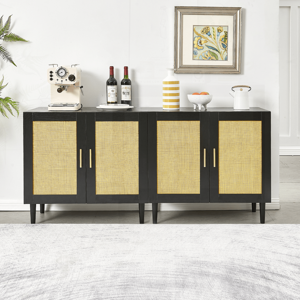 Modern Rattan Sideboard Cabinet with Adjustable Shelves for Living Room and Bedroom Easy Assembly Noiseless Door Closure