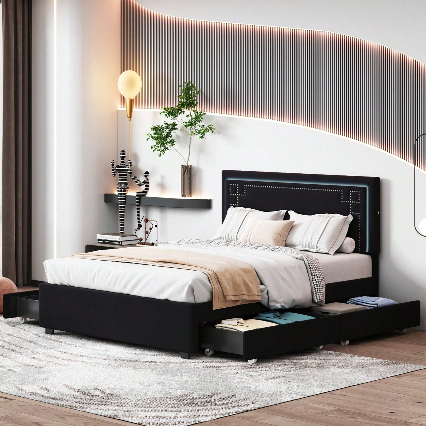 Elegant Queen Size Upholstered Platform Bed with LED Headboard and 4 Storage Drawers, Sturdy Design and Space Maximization