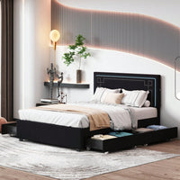 Elegant Queen Size Upholstered Platform Bed with LED Headboard and 4 Storage Drawers, Sturdy Design and Space Maximization