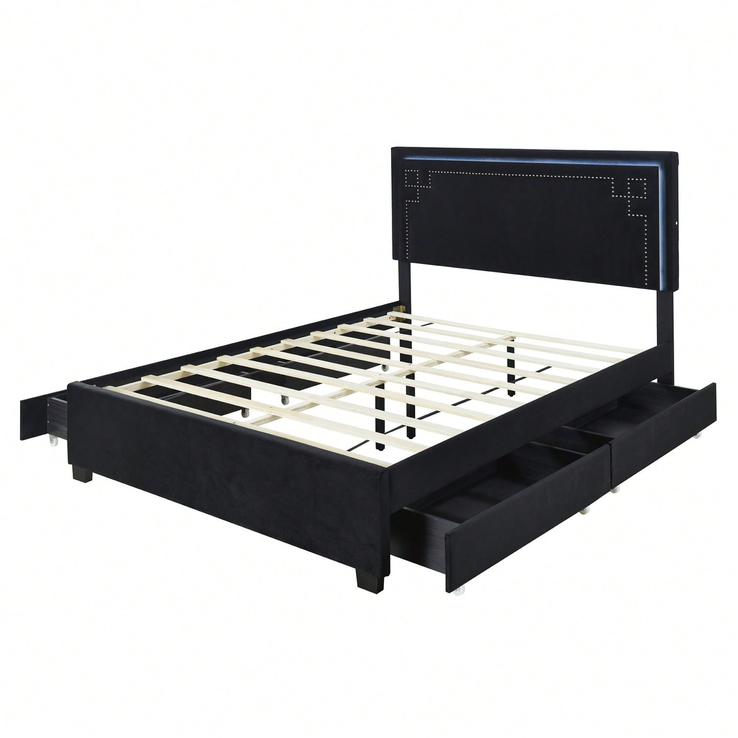 Elegant Queen Size Upholstered Platform Bed with LED Headboard and 4 Storage Drawers, Sturdy Design and Space Maximization