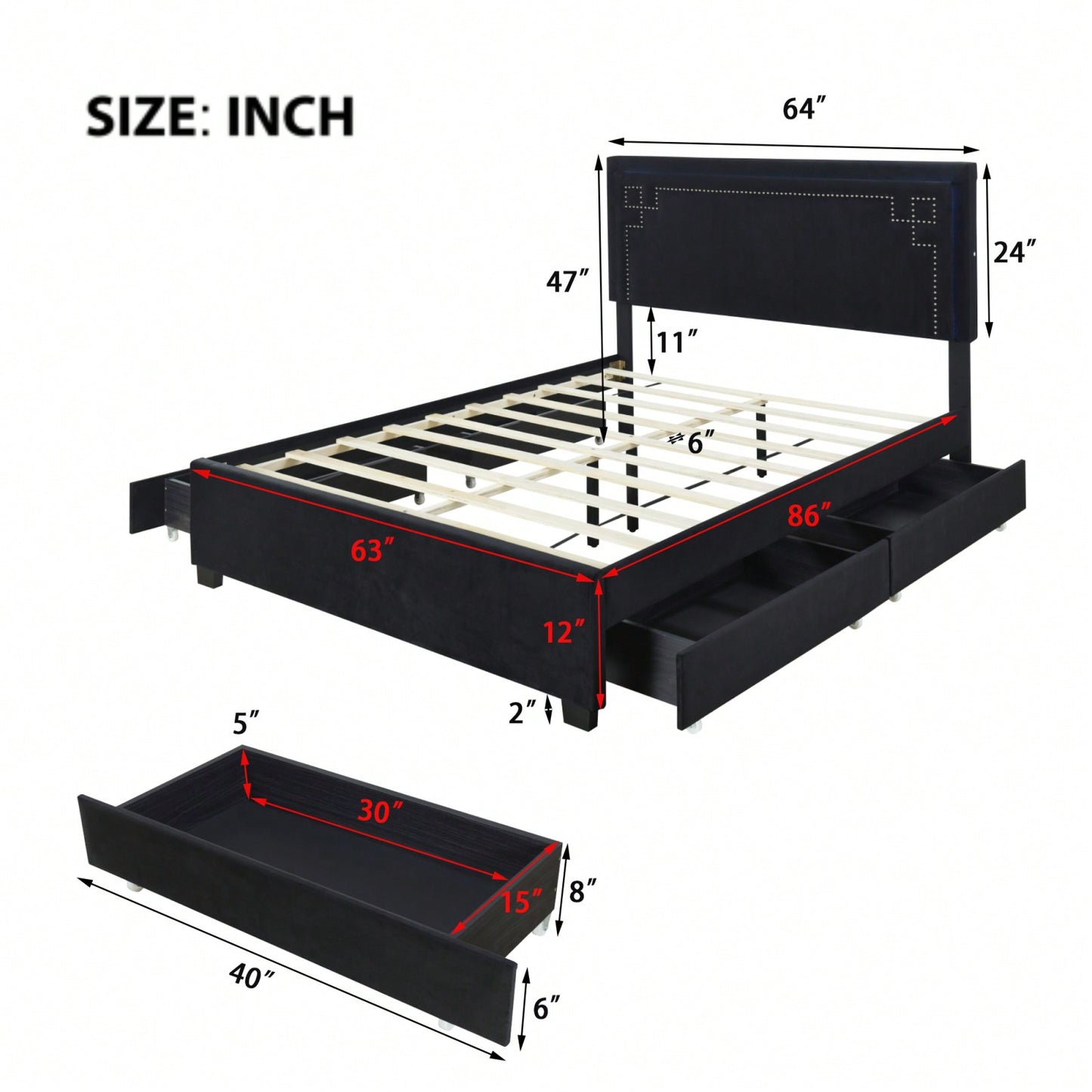 Elegant Queen Size Upholstered Platform Bed with LED Headboard and 4 Storage Drawers, Sturdy Design and Space Maximization