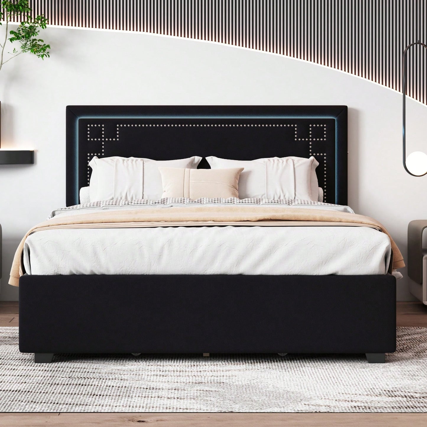 Elegant Queen Size Upholstered Platform Bed with LED Headboard and 4 Storage Drawers, Sturdy Design and Space Maximization