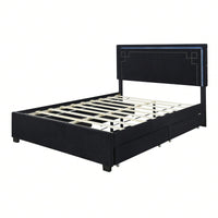 Elegant Queen Size Upholstered Platform Bed with LED Headboard and 4 Storage Drawers, Sturdy Design and Space Maximization