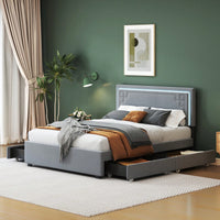 Elegant Queen Size Upholstered Platform Bed with LED Headboard and 4 Storage Drawers, Sturdy Design and Space Maximization