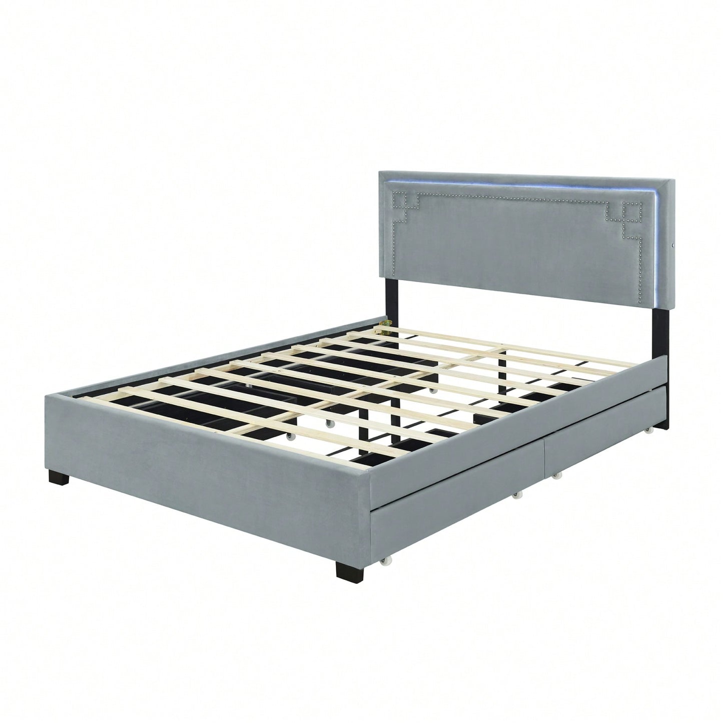 Elegant Queen Size Upholstered Platform Bed with LED Headboard and 4 Storage Drawers, Sturdy Design and Space Maximization