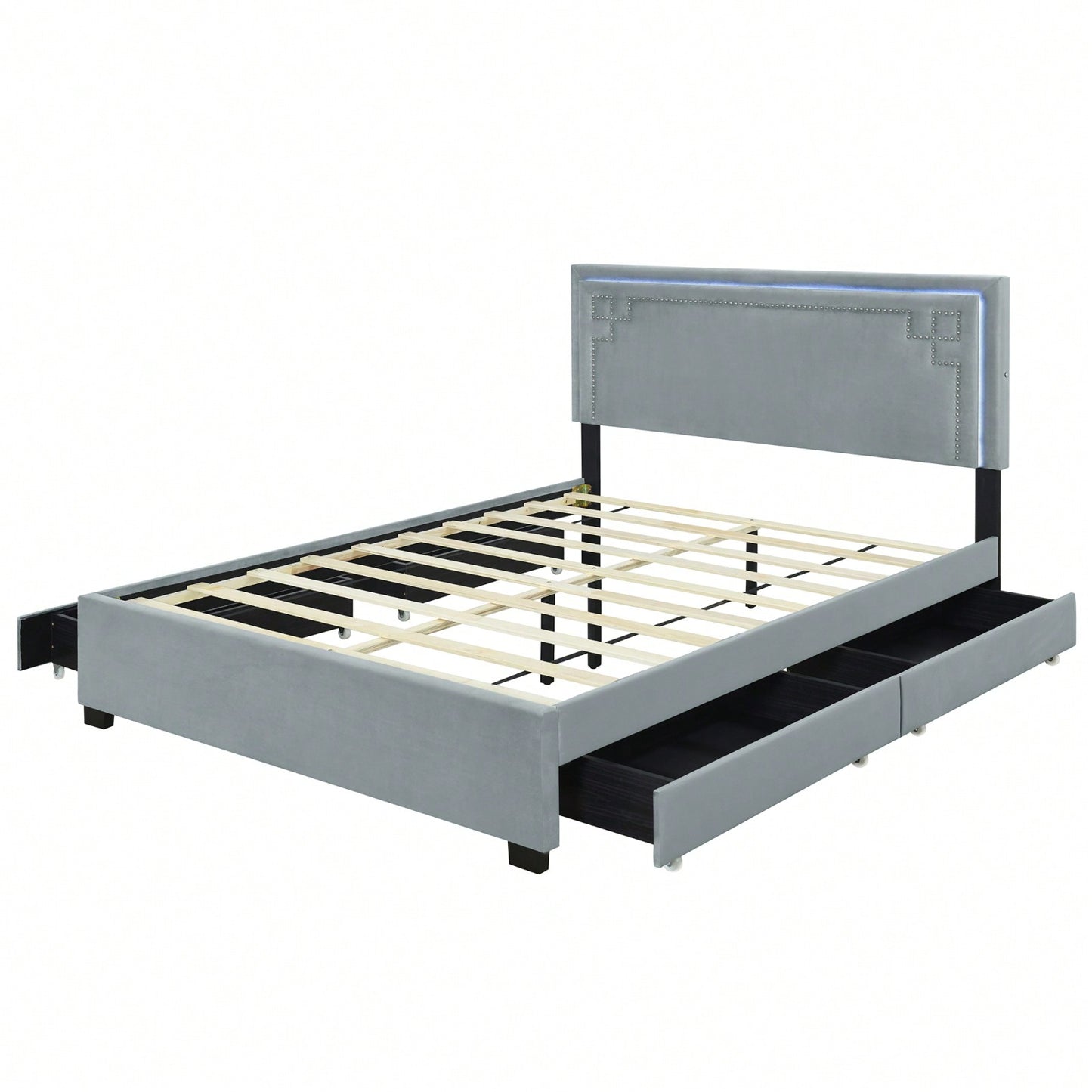 Elegant Queen Size Upholstered Platform Bed with LED Headboard and 4 Storage Drawers, Sturdy Design and Space Maximization