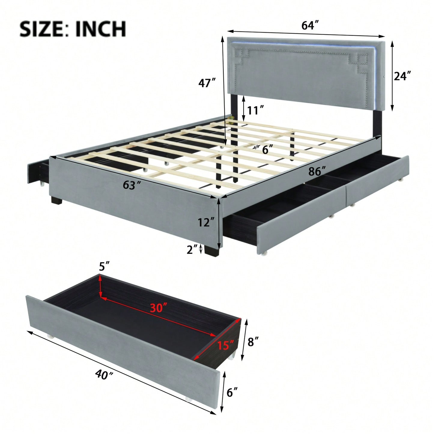 Elegant Queen Size Upholstered Platform Bed with LED Headboard and 4 Storage Drawers, Sturdy Design and Space Maximization