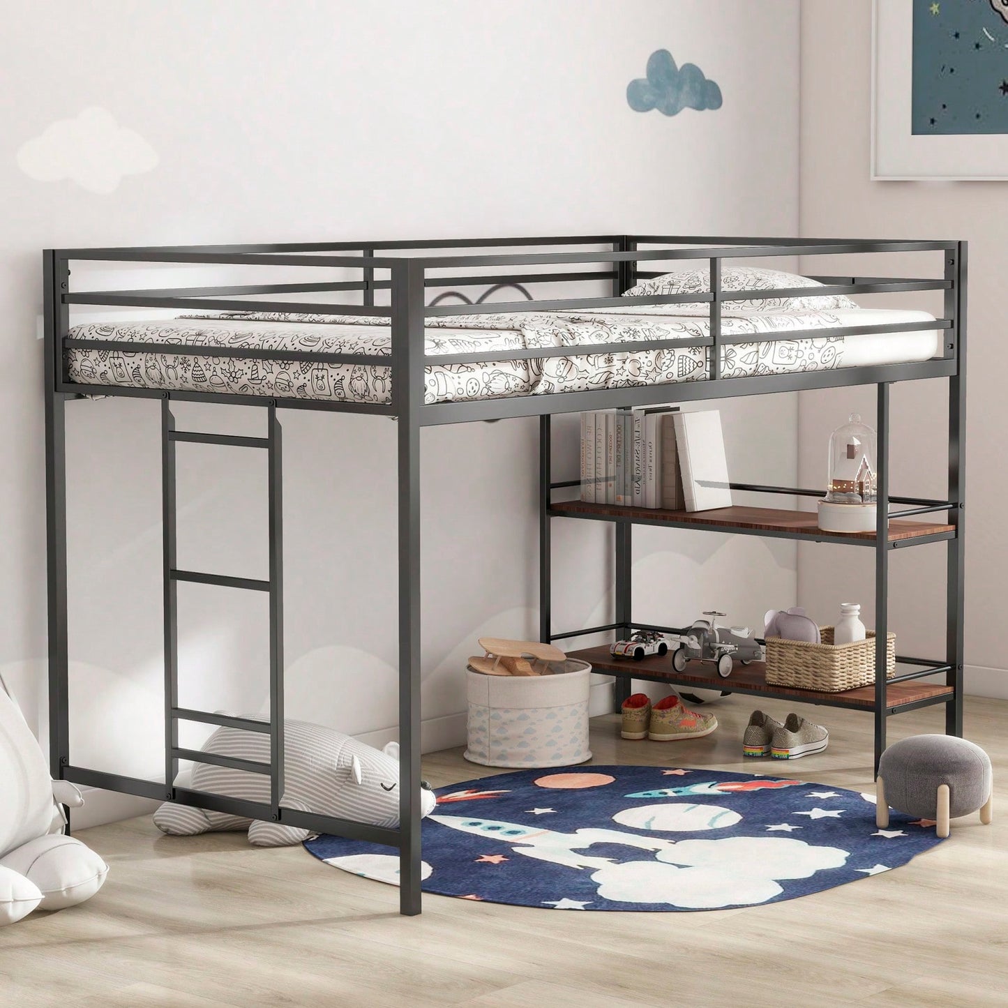 Cinnamon Wood Shelf Metal Junior Twin Loft Bunk Bed with Guard Rails Easy Assembly Sturdy Frame