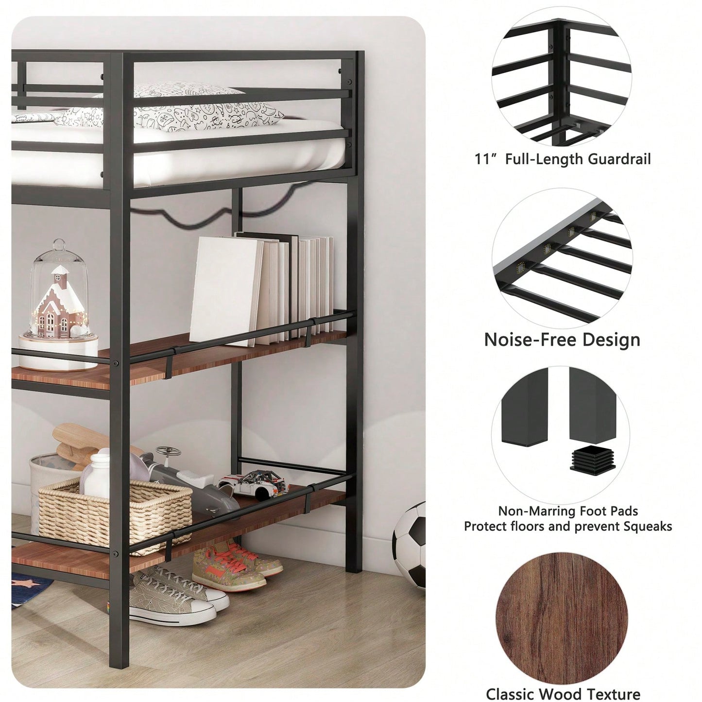Cinnamon Wood Shelf Metal Junior Twin Loft Bunk Bed with Guard Rails Easy Assembly Sturdy Frame