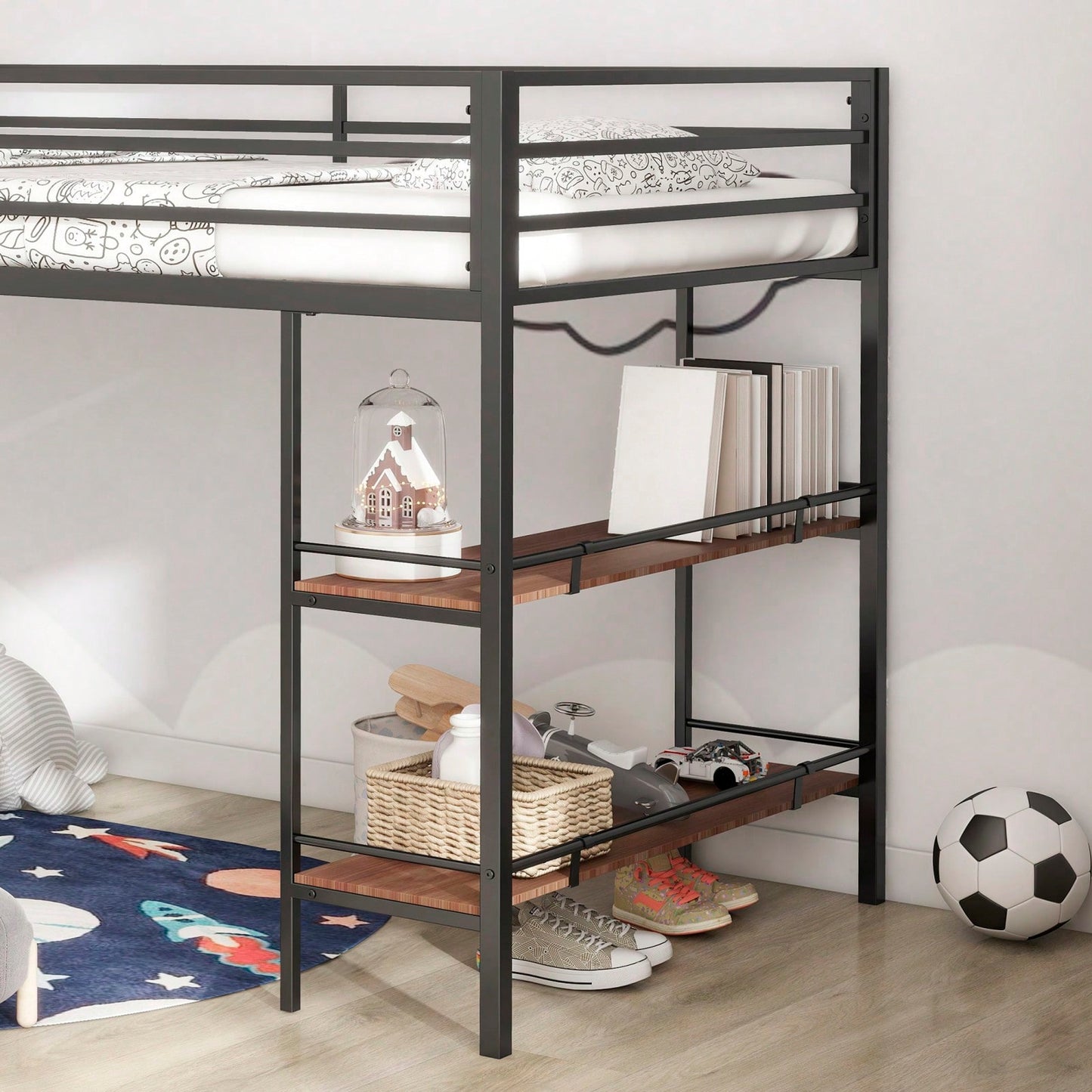 Cinnamon Wood Shelf Metal Junior Twin Loft Bunk Bed with Guard Rails Easy Assembly Sturdy Frame