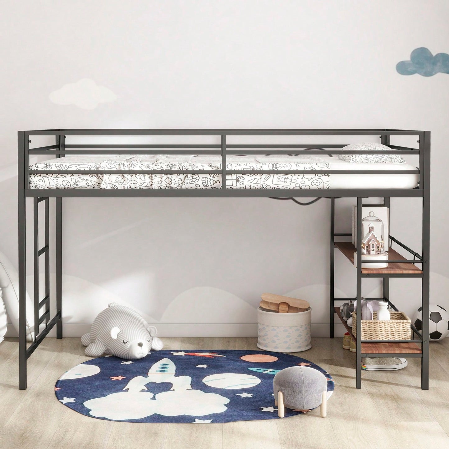 Cinnamon Wood Shelf Metal Junior Twin Loft Bunk Bed with Guard Rails Easy Assembly Sturdy Frame