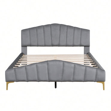 Elegant Velvet Queen Platform Bed with Striped Headboard and Sturdy Metal Legs for Stylish Bedroom Decor
