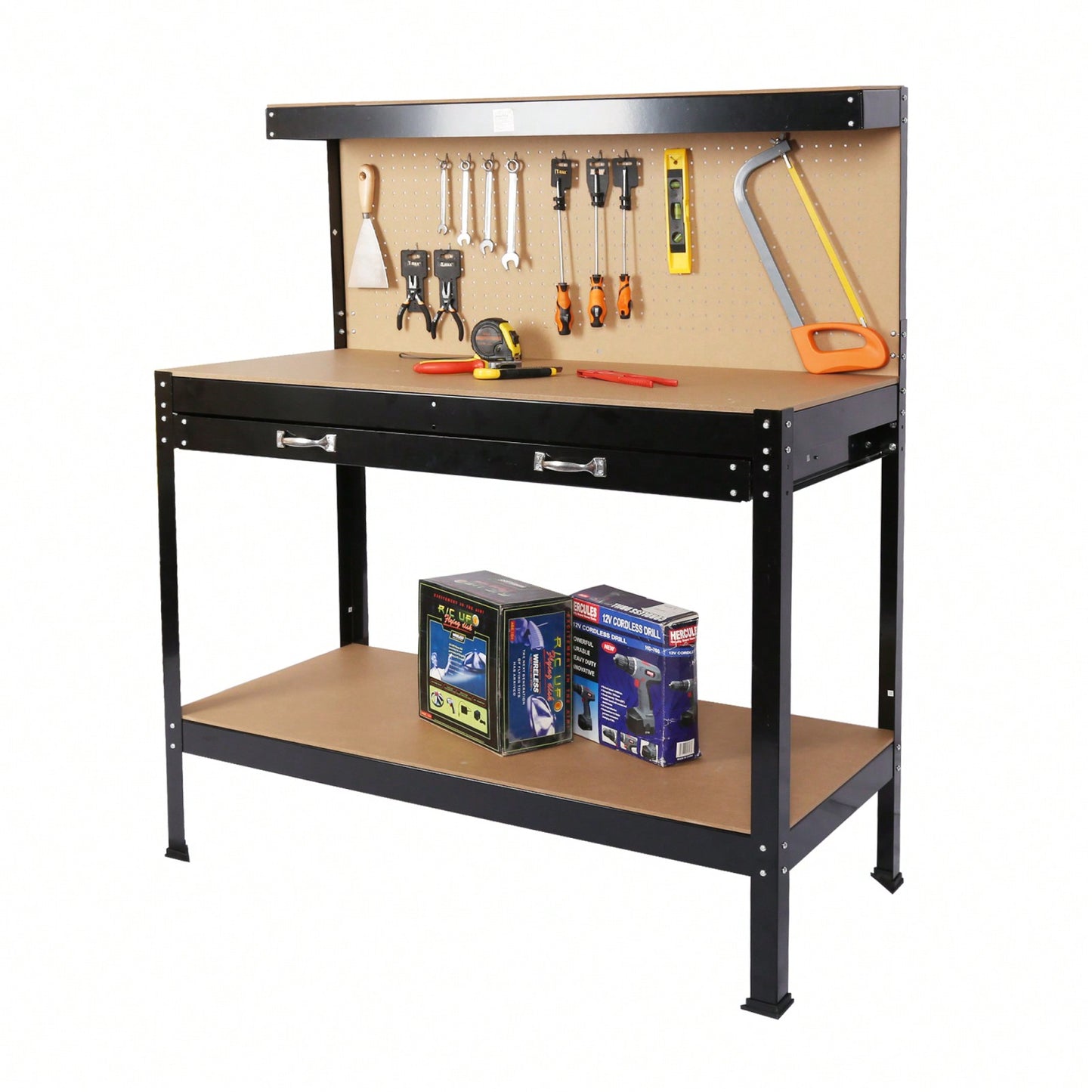 Workbench Tool Storage Bench With Peg Board And Drawer | Durable Steel Construction | 300lbs Capacity | Ideal For Workshop And Garage Use