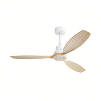 52 Inch White Wooden Ceiling Fan with Remote Control Reversible DC Motor 3 Solid Wood Blades for Indoor Outdoor Use