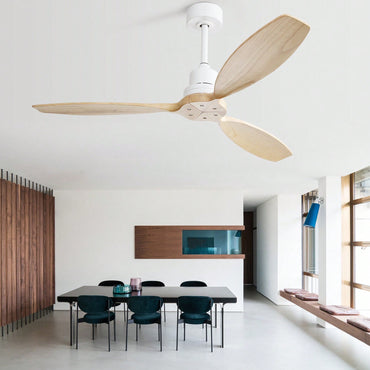 52 Inch White Wooden Ceiling Fan with Remote Control Reversible DC Motor 3 Solid Wood Blades for Indoor Outdoor Use