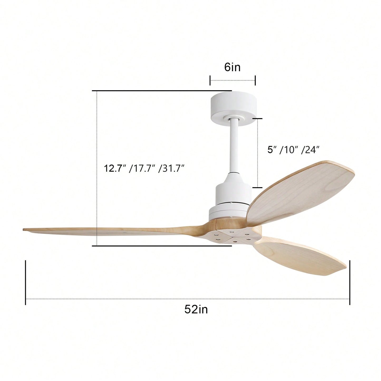 52 Inch White Wooden Ceiling Fan with Remote Control Reversible DC Motor 3 Solid Wood Blades for Indoor Outdoor Use