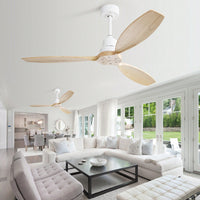 52 Inch White Wooden Ceiling Fan with Remote Control Reversible DC Motor 3 Solid Wood Blades for Indoor Outdoor Use