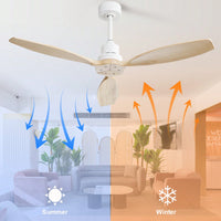 52 Inch White Wooden Ceiling Fan with Remote Control Reversible DC Motor 3 Solid Wood Blades for Indoor Outdoor Use