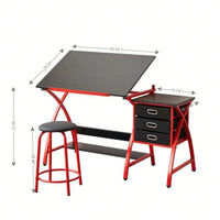 Adjustable Drafting Table with Stool and Crossed Legs - 3 Drawers and 0-75 Degree Tilt for Artists and Designers