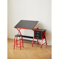 Adjustable Drafting Table with Stool and Crossed Legs - 3 Drawers and 0-75 Degree Tilt for Artists and Designers