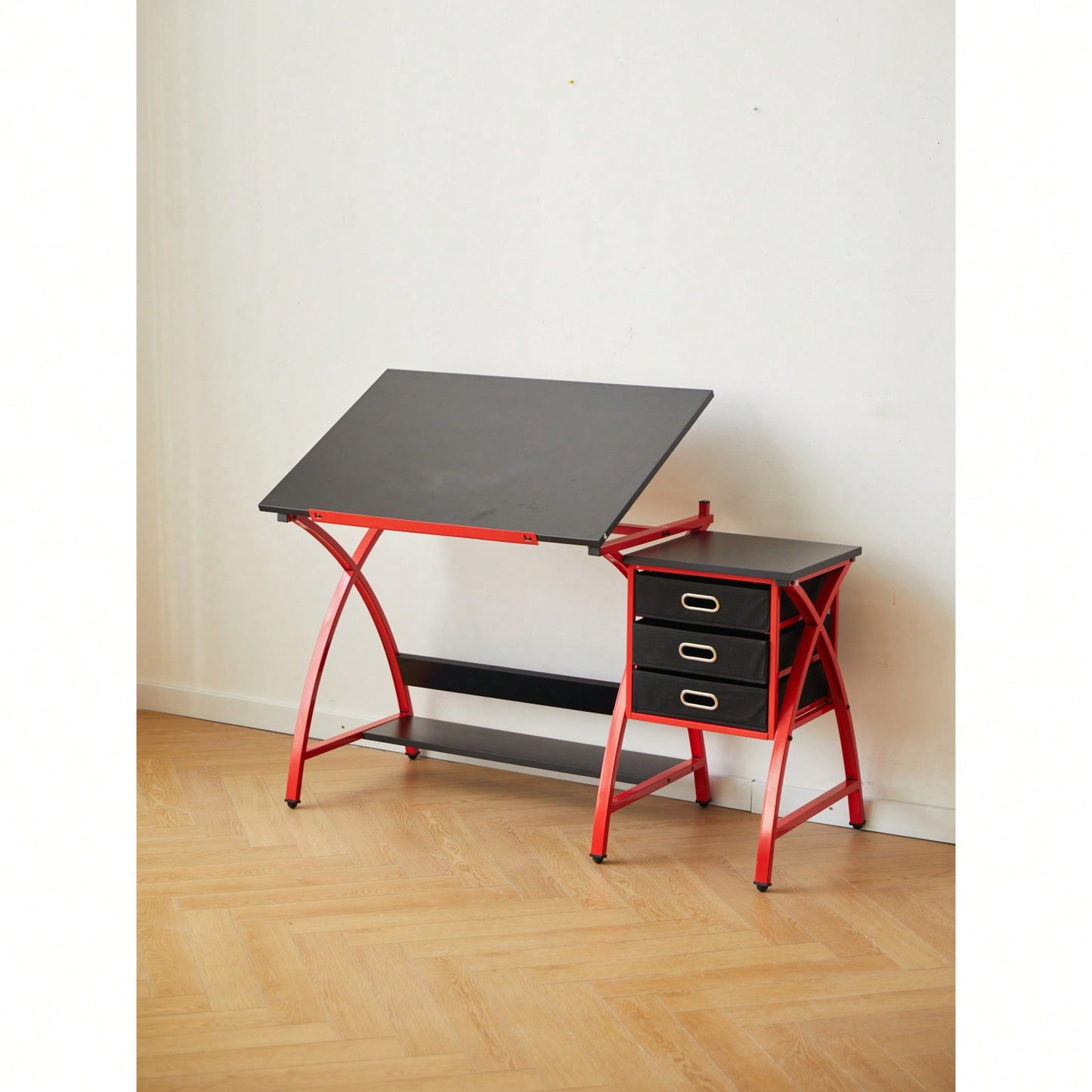 Adjustable Drafting Table with Stool and Crossed Legs - 3 Drawers and 0-75 Degree Tilt for Artists and Designers