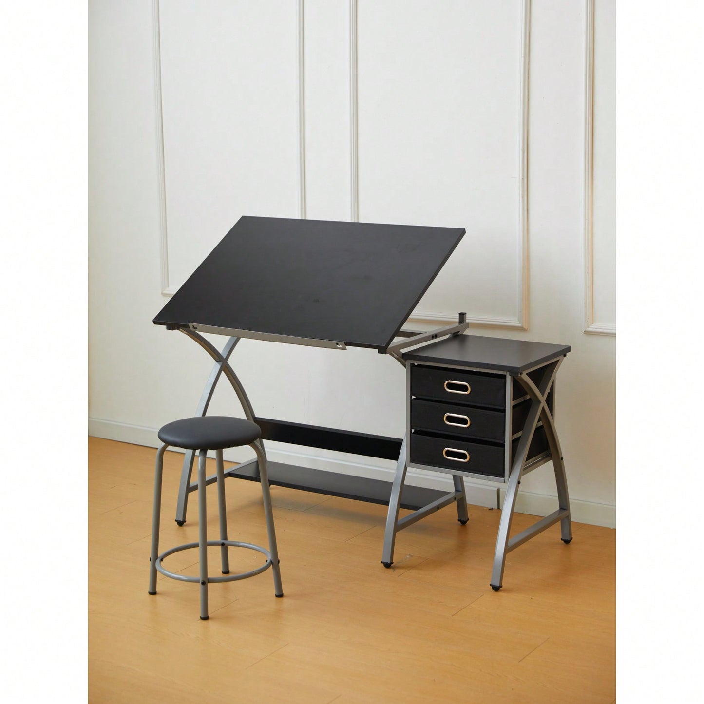 Adjustable Drafting Table with Stool and Crossed Legs - 3 Drawers and 0-75 Degree Tilt for Artists and Designers
