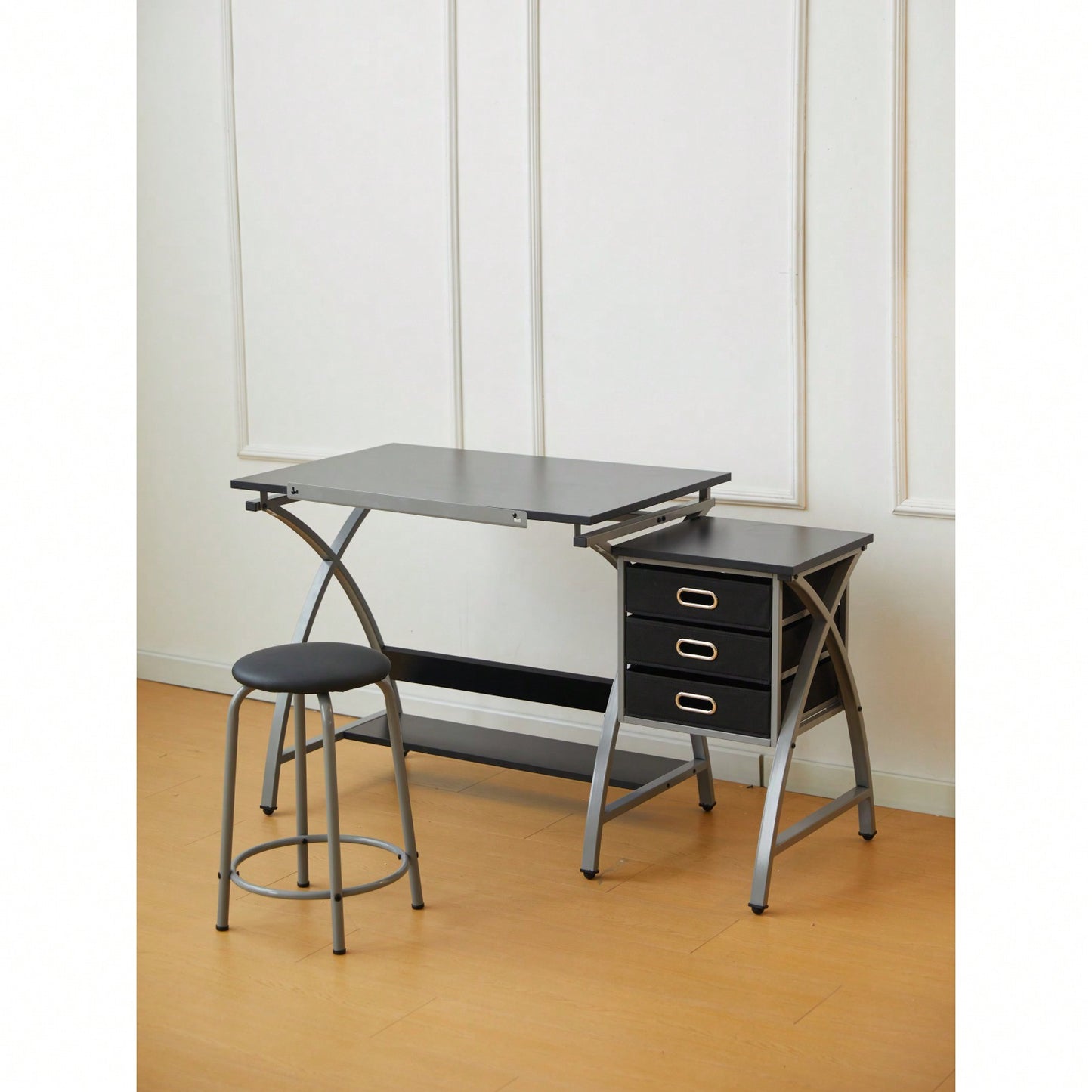 Adjustable Drafting Table with Stool and Crossed Legs - 3 Drawers and 0-75 Degree Tilt for Artists and Designers