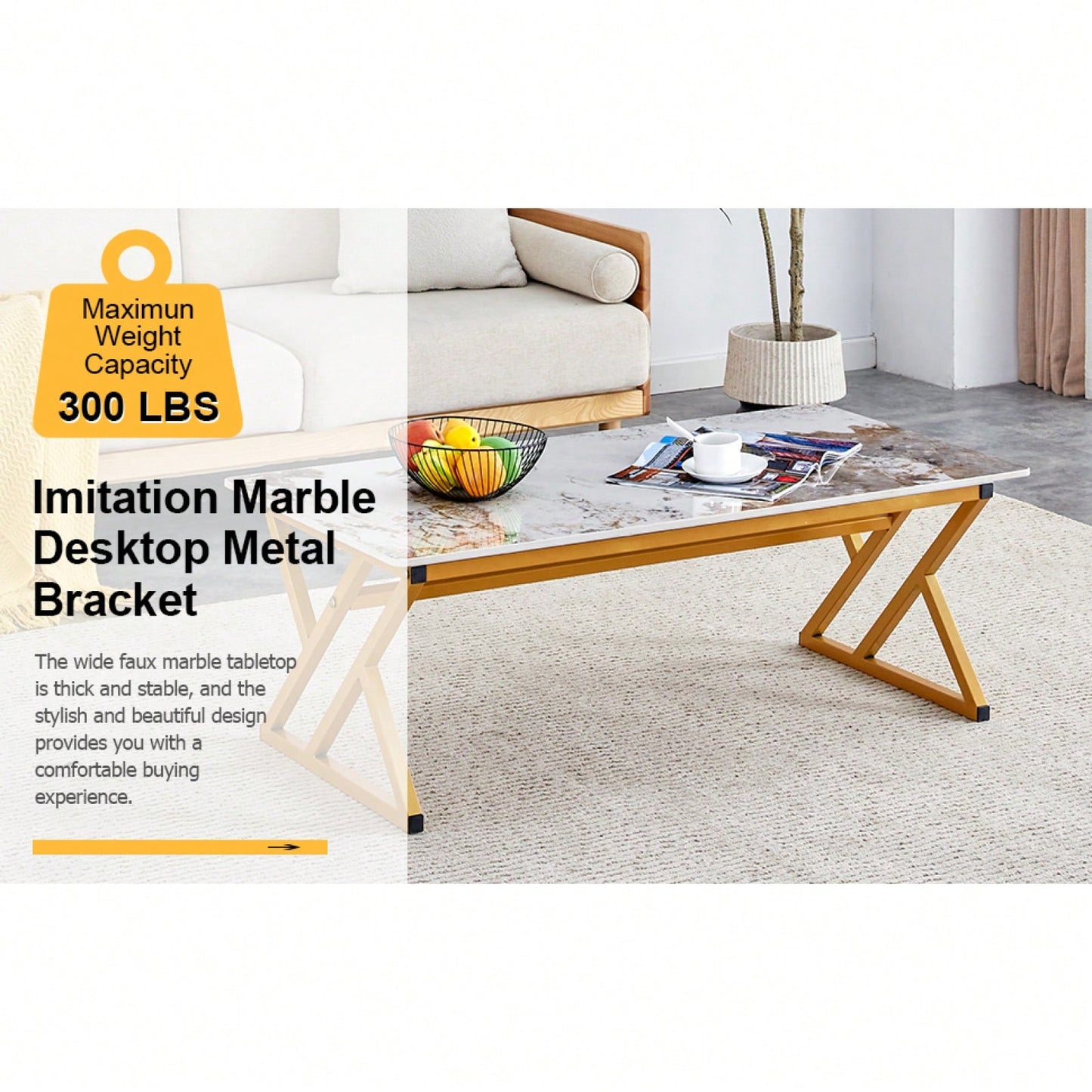 Modern Minimalist Marble Coffee Table with Metal Legs - Versatile Design for Home Use Easy Assembly for Gatherings