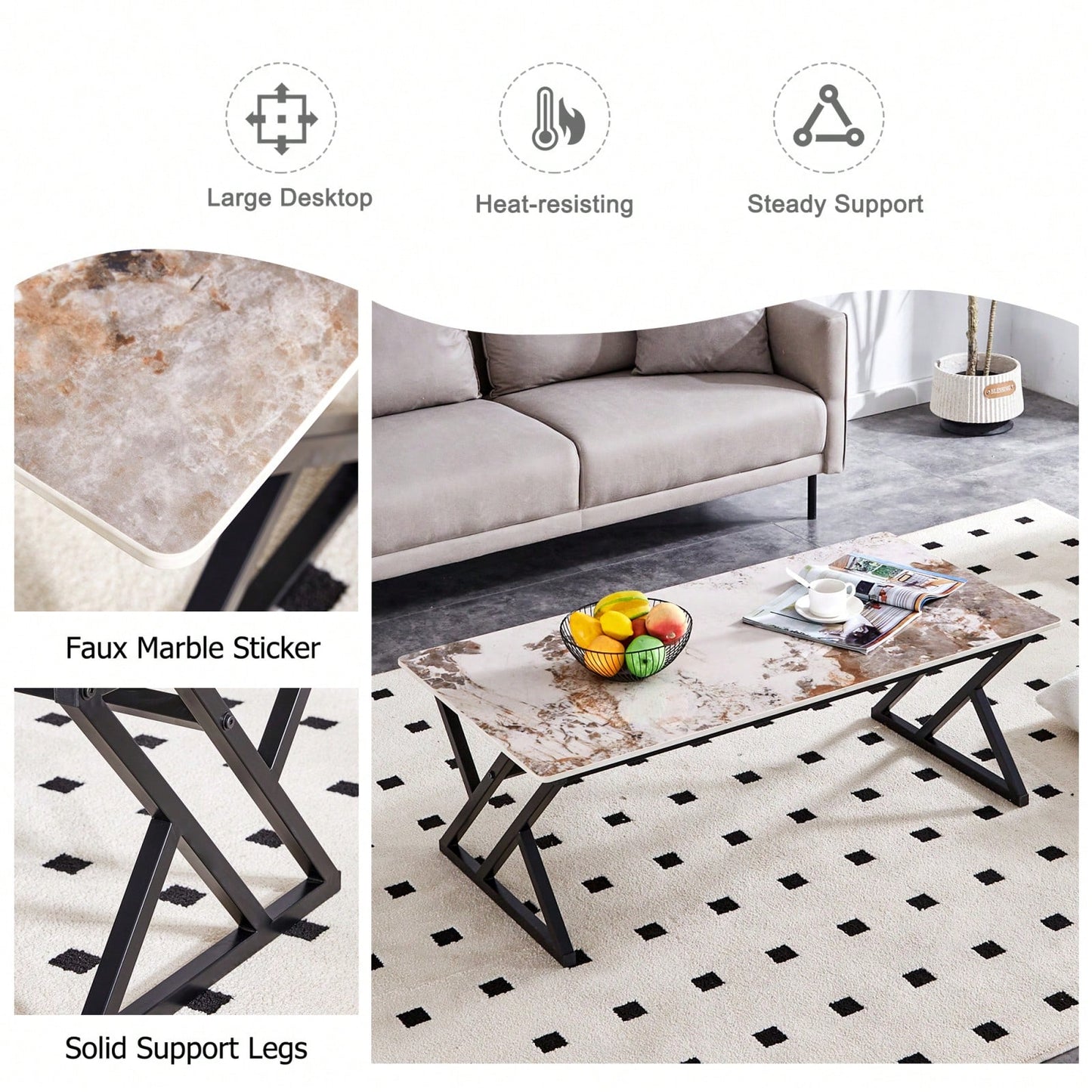 Modern Minimalist Marble Coffee Table with Metal Legs - Versatile Design for Home Use Easy Assembly for Gatherings